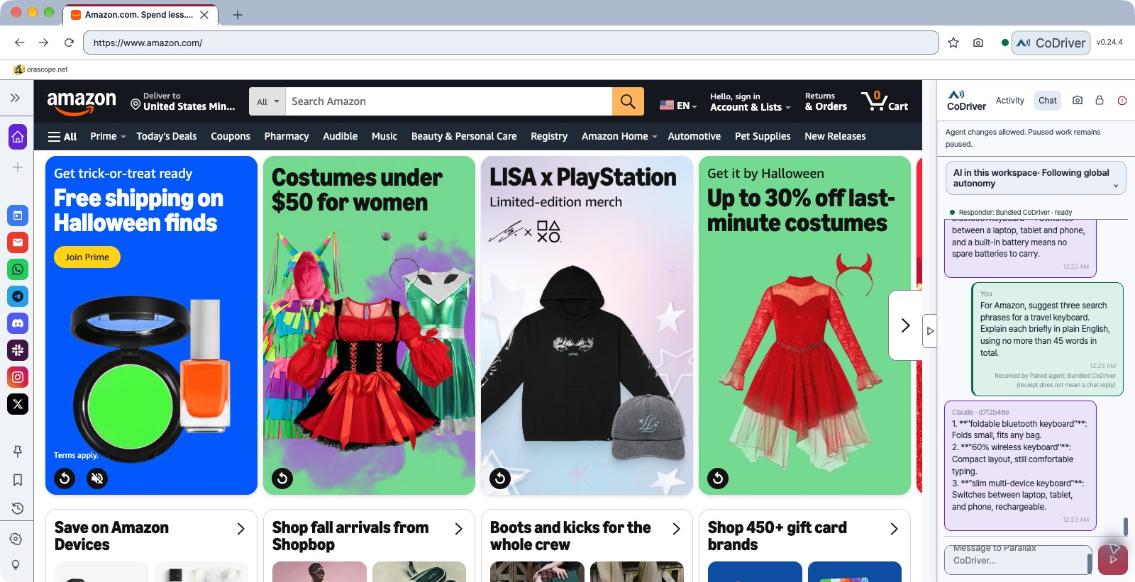 Full Parallax Browser window showing Amazon alongside an English CoDriver conversation about search phrases for a travel keyboard.